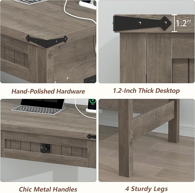 YOMILUVE Farmhouse Computer Desk with 2 Drawers, 39 Inch Small Computer Desk with Power Outlets, Home Office Desk Compact Writing Study Table for Small Spaces, Grey