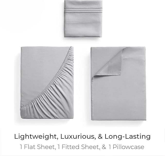 Mellanni Twin Sheets Set - 3 PC Iconic Collection Bedding - Hotel Luxury, Extra Soft, Cooling Bed Sheets - Wrinkle, Fade, Stain Resistant (Twin, Light Gray)