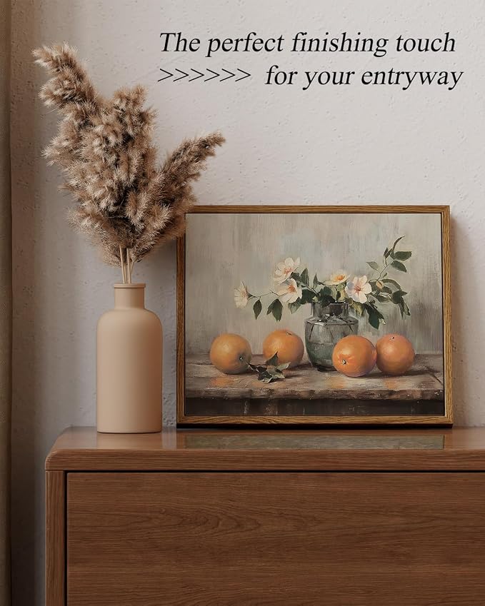 ARPEOTCY Framed Canvas Wall Art, Farmhouse Vintage Wall Decor, Oranges Still Life Painting for Country Kitchen Bedroom Shelf, Rustic Cottagecore Pictures Decorations, 8x10inch