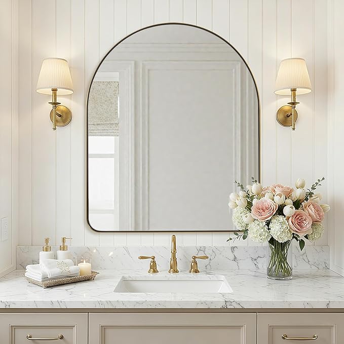 ANDY STAR Arched Mirror, 28 x 36 Inch Brushed Gold Wall Mirror in Stainless Steel Metal Frame, Arch Top Rounded Corner 1 Inch Deep Set Design Wall Mount Hangs Vertical