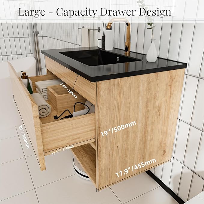 30 inch 3D Carved Bathroom Vanity with Open Compartment, Floating Cabinet with Hidden Soft-Close Slide Rails,with Ceramic Basin,Single Shelve,Mid Century Modern (Yellow Oak/Black Sink)