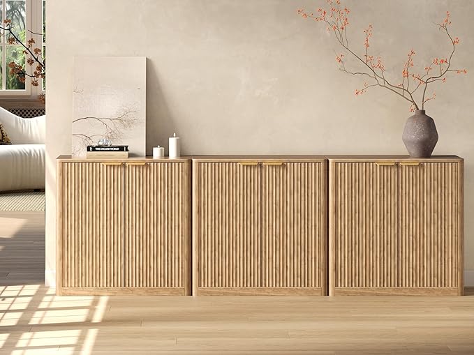 Evermagin 94.5" Oak Buffet Cabinet with Storage, Large Sideboard Cabinet, Boho Accent Credenza, Fluted Console Table with Doors for Dining Room, Kitchen, and Living Room