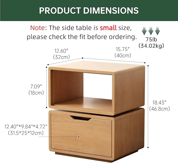 360° Rotatable Oak Nightstand with Drawer, Mid Century Modern Nightstands, Solid Wood Night Stand with Open Shelf, Small Oak Bedside Tables for Small Spaces, Bedroom(Natural, 18.43" H)