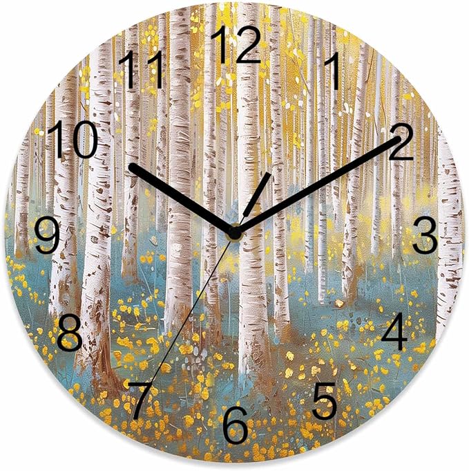 Trees Yellow Blue Forest Painting Art Style Wall Clock Battery Operated Non-Ticking 12" Round Wood Clocks, Kitchen Wall Clock for School Bathroom Living Room Home Office Wall Decor