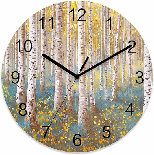 Trees Yellow Blue Forest Painting Art Style Wall Clock Battery Operated Non-Ticking 12" Round Wood Clocks, Kitchen Wall Clock for School Bathroom Living Room Home Office Wall Decor