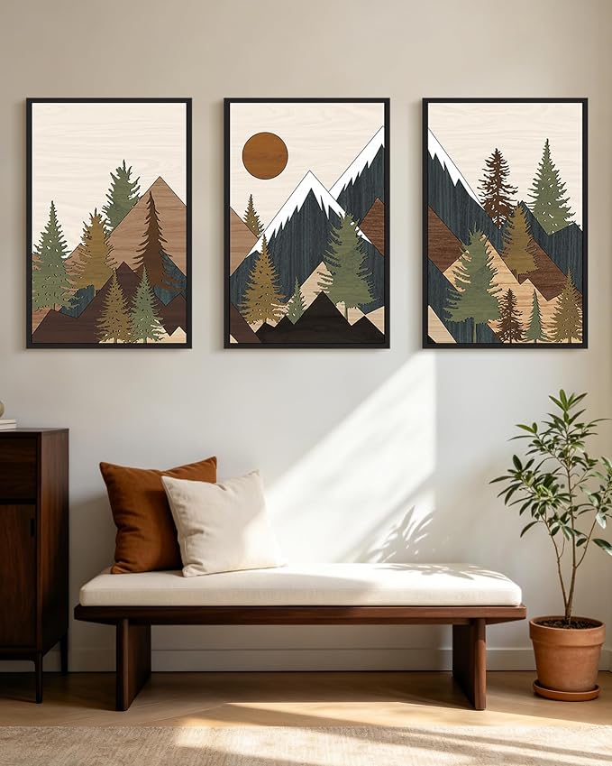 KUVIOKE Morden Mountains Framed Wall Art Boho Pine Tree Forest Nature Landscape Artwork Bohemain Farmhouse Rustic Bedroom Living Room Decor 24x36in (Black Framed)