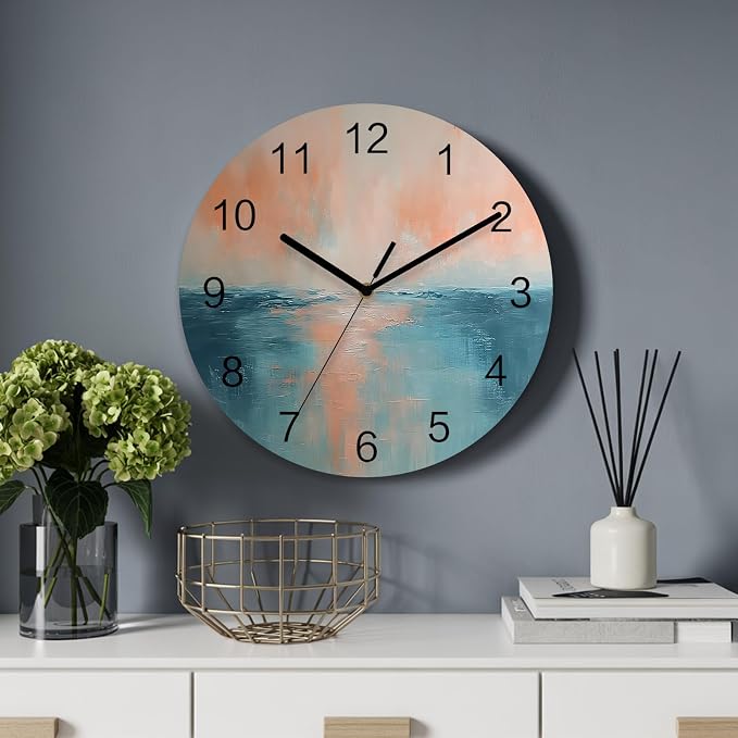 Oil Painting Style Wall Clock Battery Operated Non-Ticking 10" Round Wood Clocks, Abstract Yellow Blue Ocean Sunset Kitchen Wall Clock for School Bathroom Living Room Home Office Wall Decor