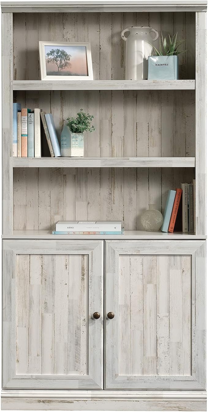 Sauder Select Book Shelf, Bookshelf with Storage, Library Bookcase with Doors and Adjustable Shelves, in White Plank