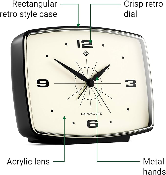 NEWGATE Brooklyn Retro Alarm Clock - Rectangular Matt Black Silent Sweep Clock - Bedside Accessory - 10.6 x 14 x 5.4cm / 4.1 x 5.5 x 2.1in