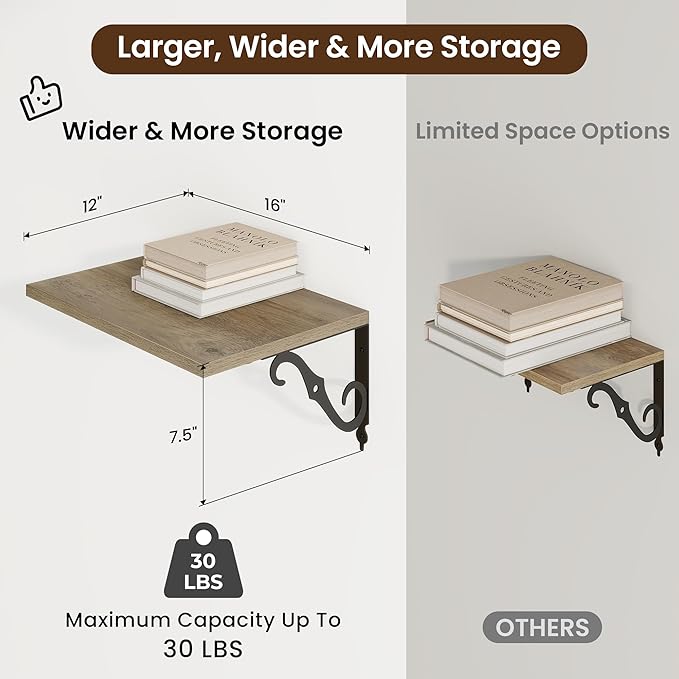 RICHFOCUS 12 Inch Deep Floating Shelves for Wall, 16" W x 12" D Wood Wall Shelves Set of 2, Wide Floating Shelves for Living Room, Bedroom, Kitchen, Bathroom and Decor Storage, Grey