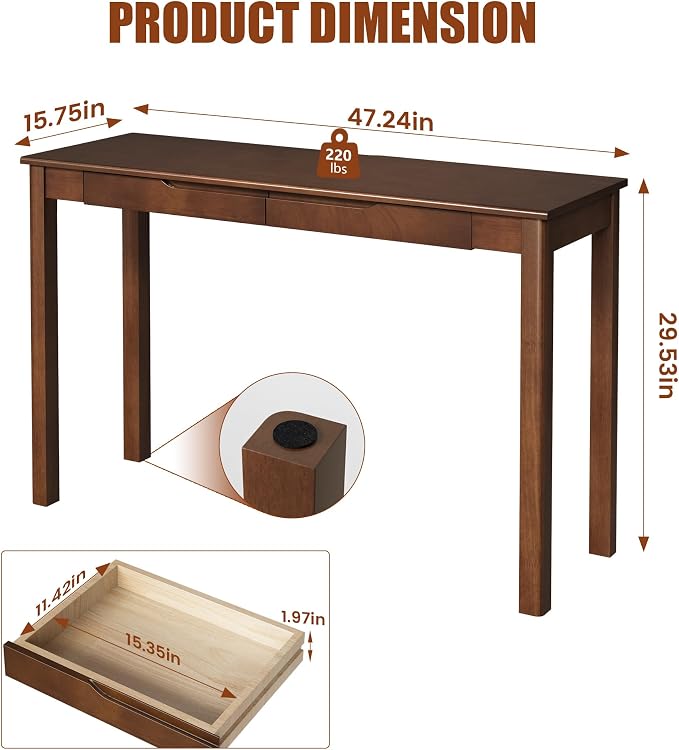 100% Solid Wood Desk with 2 Drawers, 47" Wooden Mid Century Modern Desk, Vintage Writing Desk Computer Table for Home, Office, Bedroom, Living Room