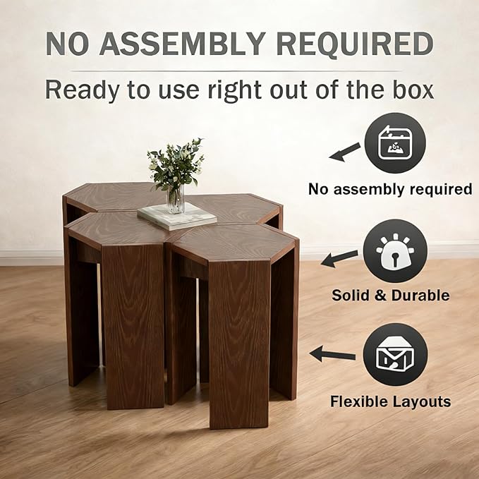 Solid Wood Nesting Coffee Table Set of 2 (2 Tables in 1 Box), Modern Modular End Table with Multiple Layouts, for Living Room Layout - Walnut Color - 12.2" L x 12.2" W x 16.7" H
