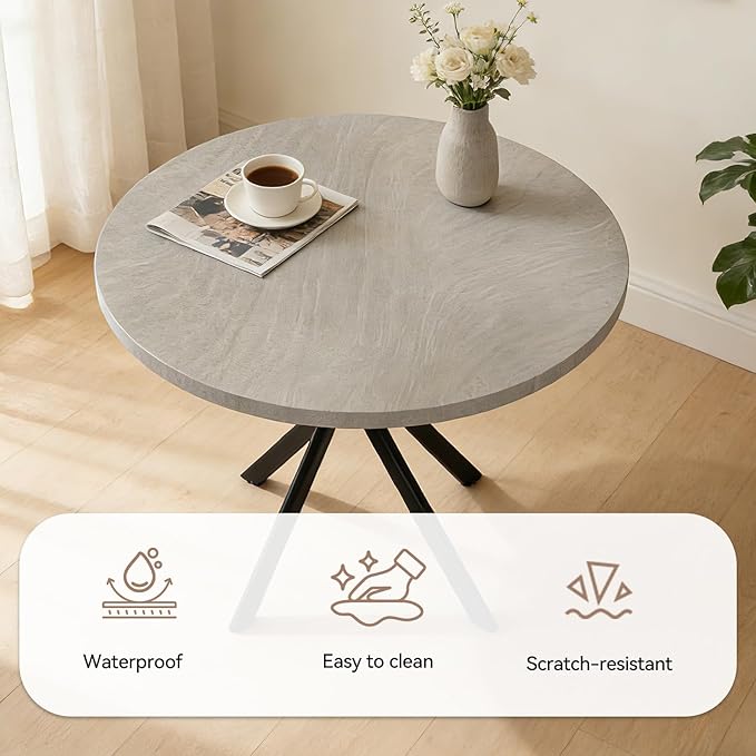 44" Round Dining Table for 4, Modern Mid-Century Dining Kitchen Table of 4, Cozy Dinette Round Table with Metal Leg for Kitchen Dining Room Apartment, Gray