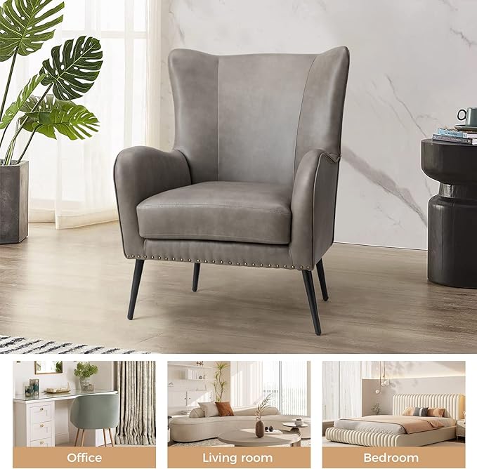 HULALA HOME Faux Leather Accent Chair with Removable Cushion, Comfy Upholstered Armchair with Black Metal Legs & Nailhead Trim Wingback Vanity Chair for Reading Living Room Bedroom, Grey