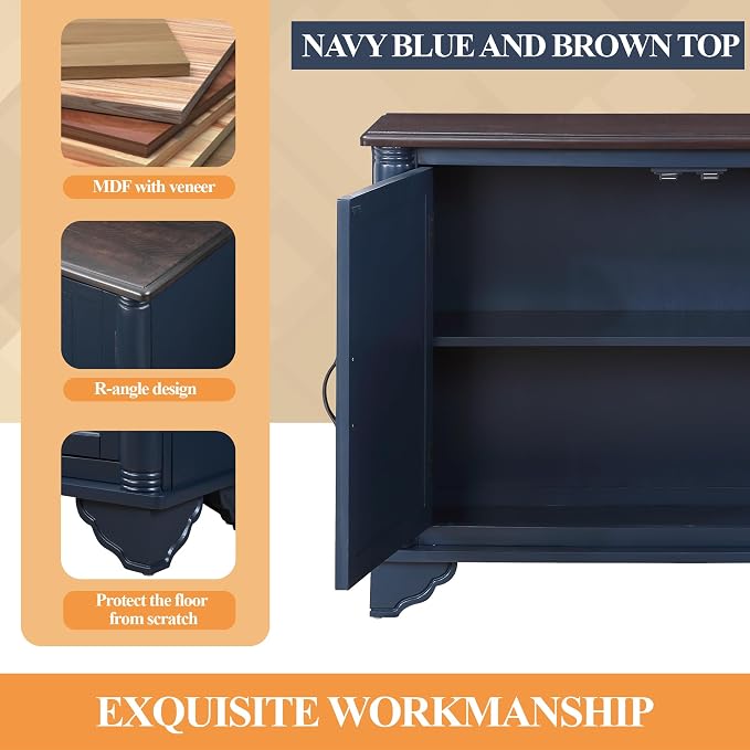 40" Retro Sideboard Storage Cabinet with 2 Doors, Wooden Console Table with Adjustable Storage Shelf, Sofa Table for Hallway, Entry Way, Living Room, Dining Room, Navy Blue and Brown