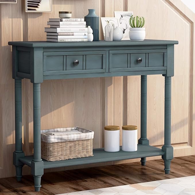 SOFTSEA 35.43” Antique Entry Console Table with Drawers & Bottom Open Shelf, Rustic Entryway Table with Storage, Save Space, Solid Wood Sofa Couch Table for Entryway, Navy