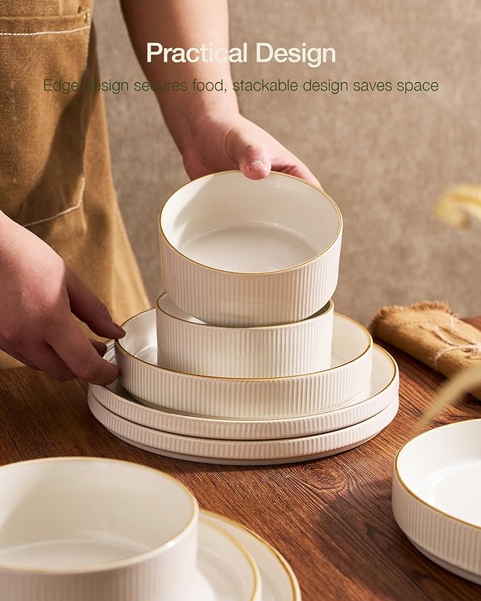 Famiware Star Dinnerware Set, Plates and Bowls Sets for 8 (24pcs), Ribbed Stoneware Dishes - Chip & Scratch Resistant, Microwave & Dishwasher Safe Tableware, White
