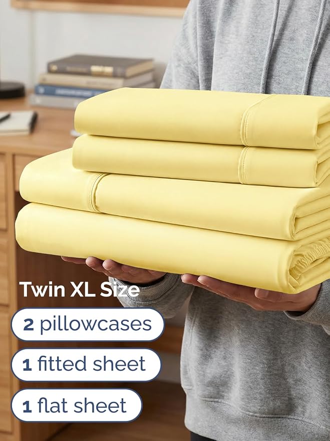 Extra Deep Twin XL Sheet Set - 4 Piece College Dorm Bed Sheets Set w/Extra Deep Pockets - Ultra-Soft, Comfy & Breathable Bedding for Women, Men, Kids & Teens - Wrinkle Free & Fade Resistant - Yellow