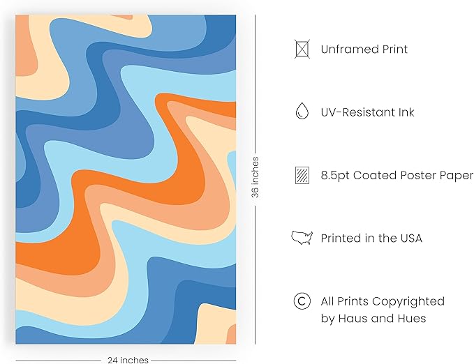 HAUS AND HUES Beach Print Wall Art Decor - Beach Artwork Posters for Walls, Ocean Pictures for Wall, Abstract Orange Wall Art, Tropical Beach Colored Waves Individual Pictures (24x36, Unframed)
