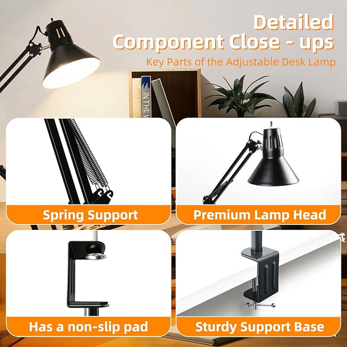 2 Pack LED Desk Lamp With Clamp for Office Home, Eye-Caring Desk Light with 360°Adjustable Extra Tall Metal Swing Arm, High Intensity Clamp w/A19 E26 Bulb for Working Reading, Table Lamps Warm Light