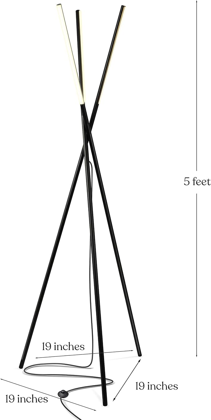 Brightech Stix LED Tripod Floor Lamp for Living Room - Dimmable Modern Standing Lamp, with 3 Lights for Bedroom - Contemporary Office Lighting- Black