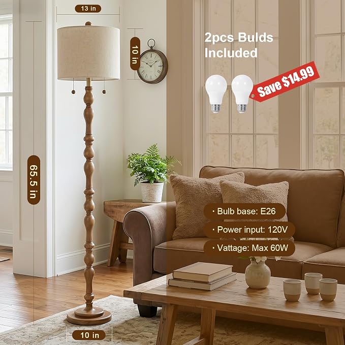 Scenekoy 65.5 Natural Real Wood Floor Lamp for Living Room Bedroom, Dual Pull Chains Switch, Wooden Base, Rustic Farmhouse Standing Floor Lamp with Linen Shade for Living Room Bedroom Office