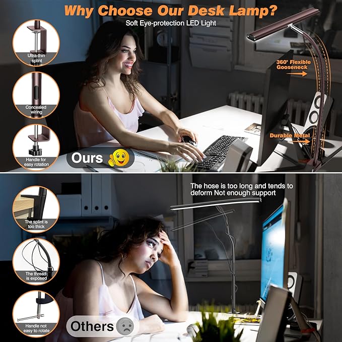 Airlonv LED Desk Lamp for Office Home, Eye-Caring Desk Light with Stepless Dimming Adjustable Flexible Gooseneck, 10W USB Adapter Desk Lamp with Clamp for Reading, Study, Workbench (Brown)
