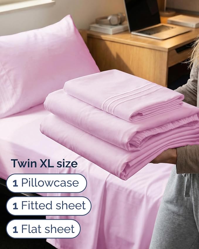 Twin XL Size 3 Piece Sheet Set - Comfy Breathable & Cooling Sheets - Hotel Luxury Bed Sheets for Women & Men - Deep Pockets, Easy-Fit, Soft & Wrinkle Free Sheets - Light Pink Oeko-Tex Bed Sheet Set