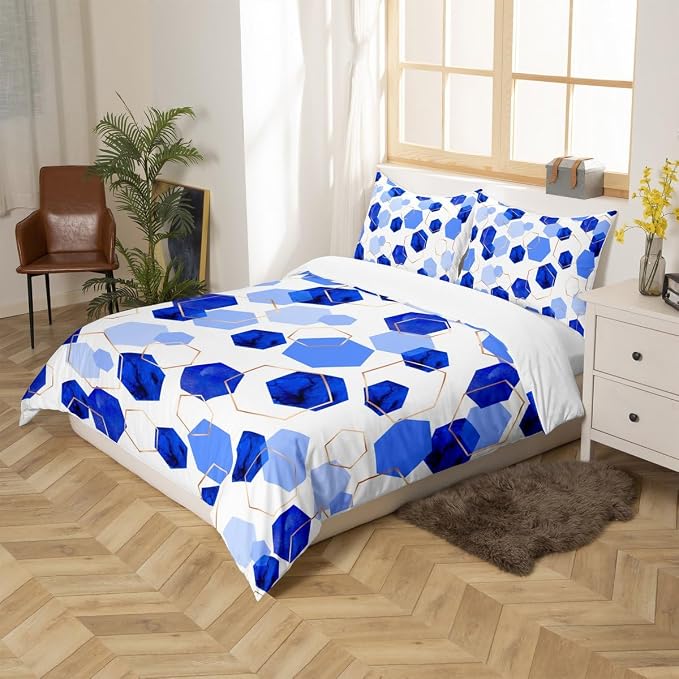Erosebridal Blue Geometric Bedding Sets | Royal Blue Modern Abstract Kids Duvet Cover Geometric Marble Art Bed Set King | Watercolor Hexagon Aesthetic Bed Cover for Men Women (No Comforter)