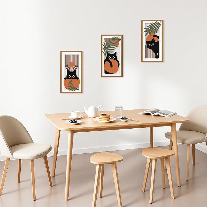 Ausril 3Pcs Boho Black Cat Wall Decor,Boho Cats Wall Art,Mid Century Modern Decor Black Kitty,Abstract Geometric Cats Artwork,Minimalist Botanical Bohemian Cat Wood Art for Home Bedroom Living Room