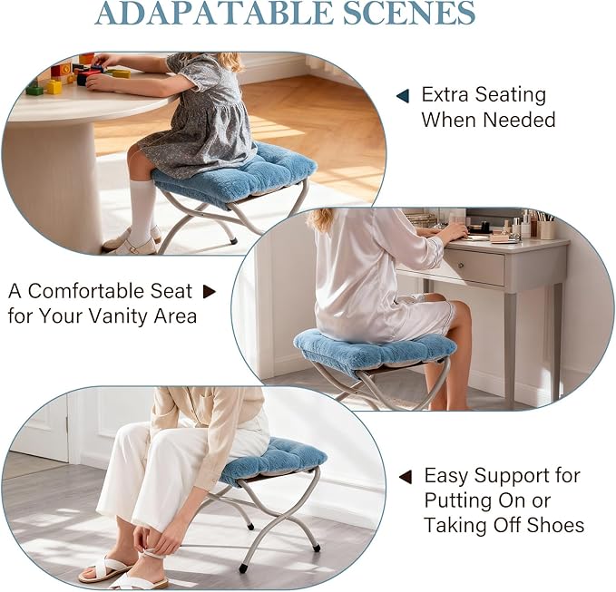 Furlide Saucer Chair With Ottoman - Oversized Folding Faux Fur, X-Large Soft Dorm, Foldable Metal Frame for Bedroom, Living Room, Study, Playroom (Blue)