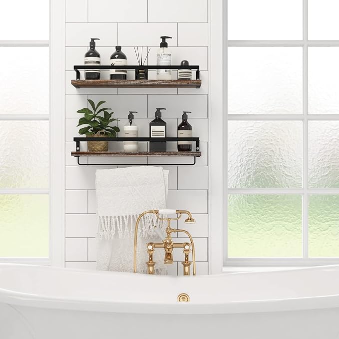 Floating Shelves for Wall, Bathroom Shelves with Towel Bar, Wall Mounted Storage Shelves for Kitchen, Bathroom, Set of 2 White Washed