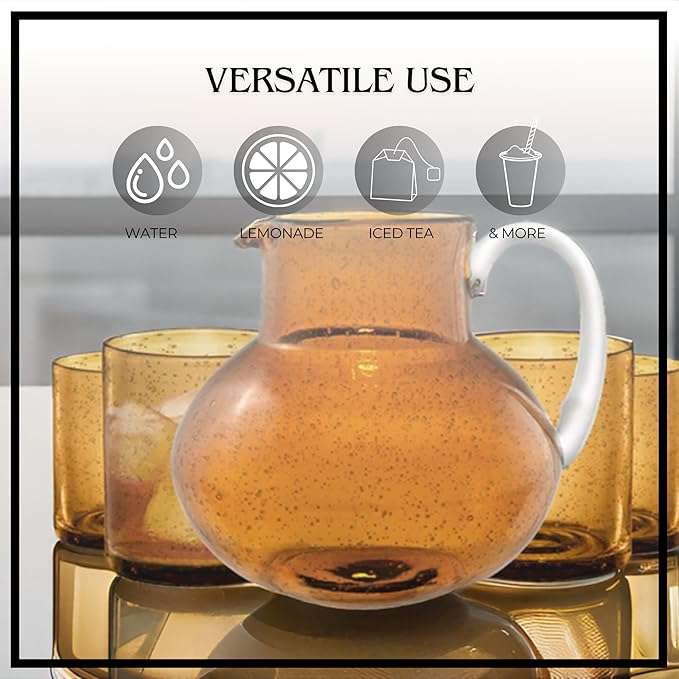 ARTLAND Iris 90oz Hand Blown Pitcher & Double Old Fashion 14oz Glasses (Set of 4) - Lead-Free Bubble Shape Glassware for Stylish Serving and Dining - Kitchen Essential & Table Decor (Amber)