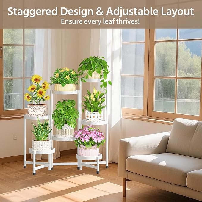 LASZOLA 7 Tiered Plant Stand Indoor Outdoor with Plastic Tray, Corner Folding Tall Flower Display Rack, Modern Plant Holder Shelf for Outdoor Patio Porch Garden Office Living Room, White