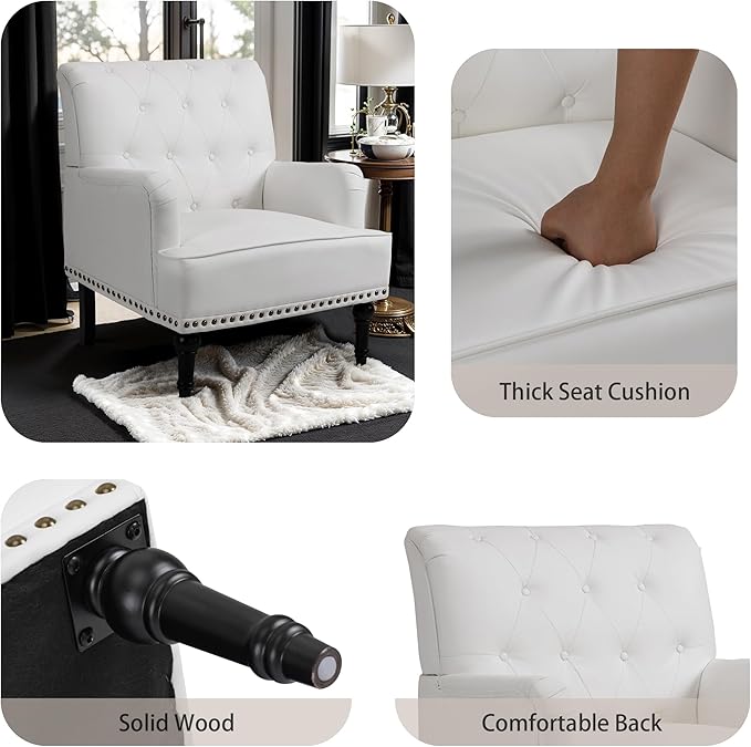 MOJAY PU Leather Accent Chair, Mid-Century Armchair Living Room Sofa Chair with Rubber Wood Leg, Club Chair with Rivet Trim for Bedroom Reading Room Reception (White)