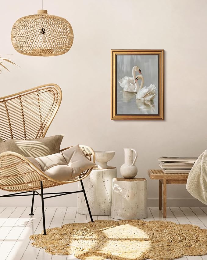 HUARCEY Gold Framed Vintage Wall Art for Living Room, Animals Painting Prints Shelf Decor for Kitchen, Aesthetic Bedroom Wall Art, Best Gifts for Friends or Family - Two Swans 16L x 12W