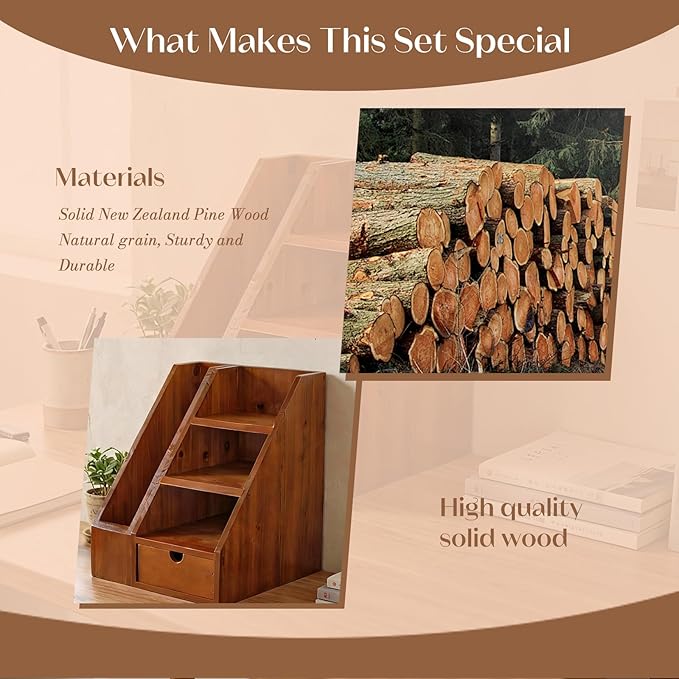 Vintage Wooden Desk Organizer Set of 2 - Wood Desktop File Holder & Shelf with Drawer - Rustic Office Storage for Books, Folders, Mail & Supplies - Matching Organizer for Home Office Desk