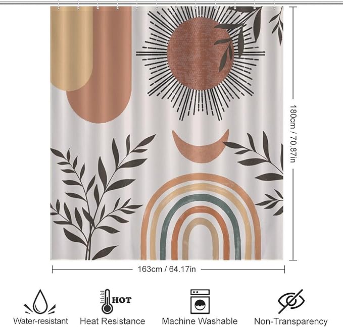 Mid Century Abstract Boho Shower Curtain Orange Vintage Aesthetic Nature Leaf Sun Modern Washable Waterproof Fabric for Bathroom Decor Bathtub with 12 Hooks 66x72in（168x183cm）