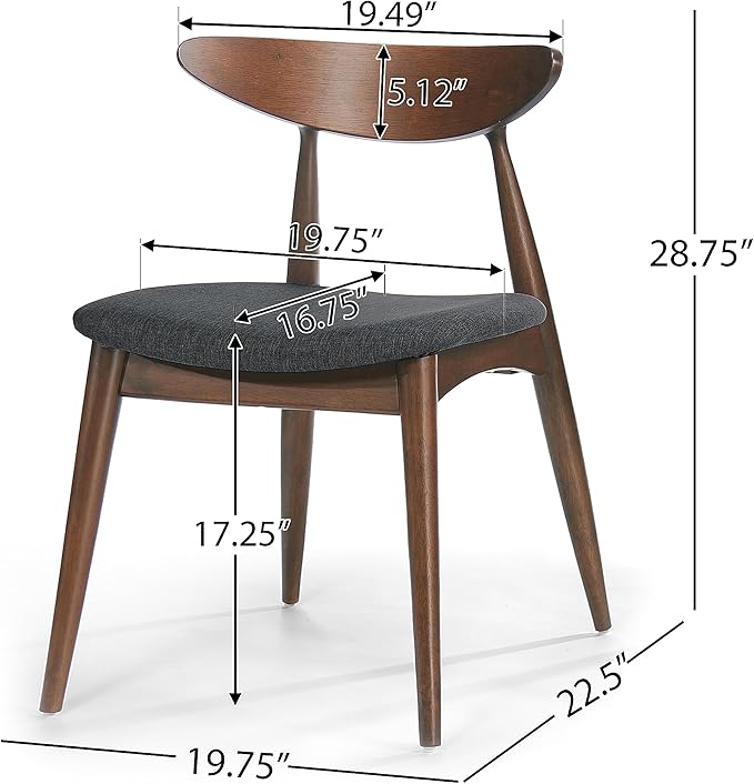 Mid-Century Modern Rectangular Dining Table with 4 Chairs, Solid Rubberwood Frame, Charcoal and Walnut Finish, Fabric Seats with Polyurethane Foam Filler, 4-Leg Base