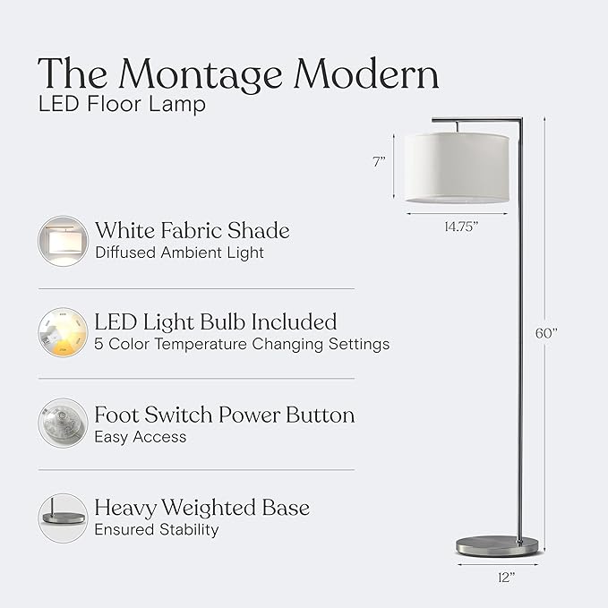 Brightech Montage Modern Floor Lamp - LED Standing Lamp with White Shade and Adjustable Color for Living Rooms & Offices - Tall Corner Bedroom Reading Light for Contemporary Home Decor - Satin Nickel
