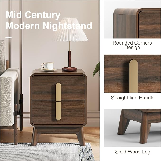 Mid Century Modern Bedroom Sets, 5 Drawer Dresser and Nightstand Sets for Bedroom, Night Stand Set 2 & 5 Drawer Dresser with Gold Handles, Wood Chest of Drawers Storage Cabinet Set, Walnut