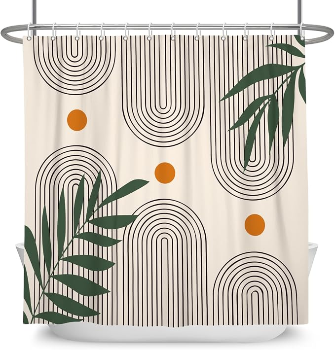 Boho Mid Century Shower Curtain Bohemian Minimalist Geometric Arch Sun Bathroom Curtain Sage Green Plant Polyester Shower Curtain Sets for Bathroom Extra Long 72x84 in with 12 Hooks