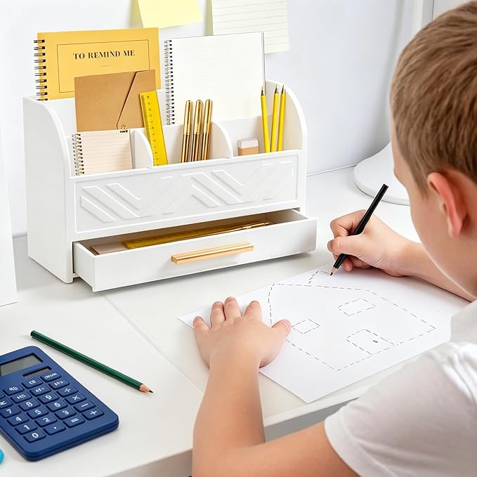 Charmewooden White Desktop Organizer with Drawer Storage, White Desk Organizer Mail Holder Mail Organizer Countertop Pen Holder Letter Sorter Make up Organizer for School Home Office Supplies