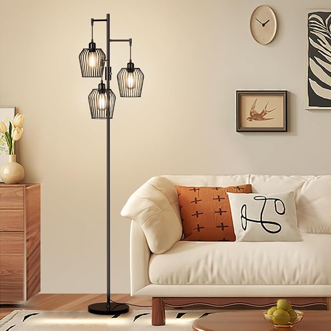 SIBRILLE Dimmable Floor Lamp, Farmhouse Industrial Floor Lamp with Elegant Cage & 3 x 1000LM LED Bulbs, Tall Standing Lamp Black Tree Floor Lamps for Living Room Bedroom Office