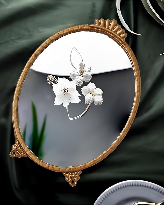 Gold Vintage Decor Vanity Mirror,Baroque Wall Art Retro Oval Mirror,Antique Wall Mirrors Decorative,Maximalist Decor Mirror for Desk Bedroom Bathroom Dresser Wall-Mounted,11.0" L x 7.9" W Gold