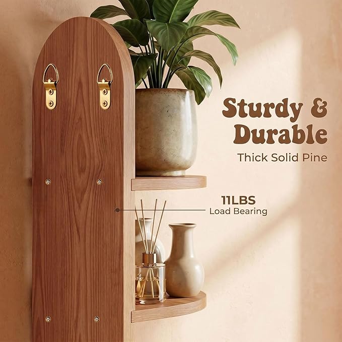 Boho Wall Decor Brown Hanging Shelves, 16.7in Walnut Floating Plant Shelf for Wall, 2 Tier mid Century wall Shelf for Home Bathroom Bedroom Living Room Office Holding Planter
