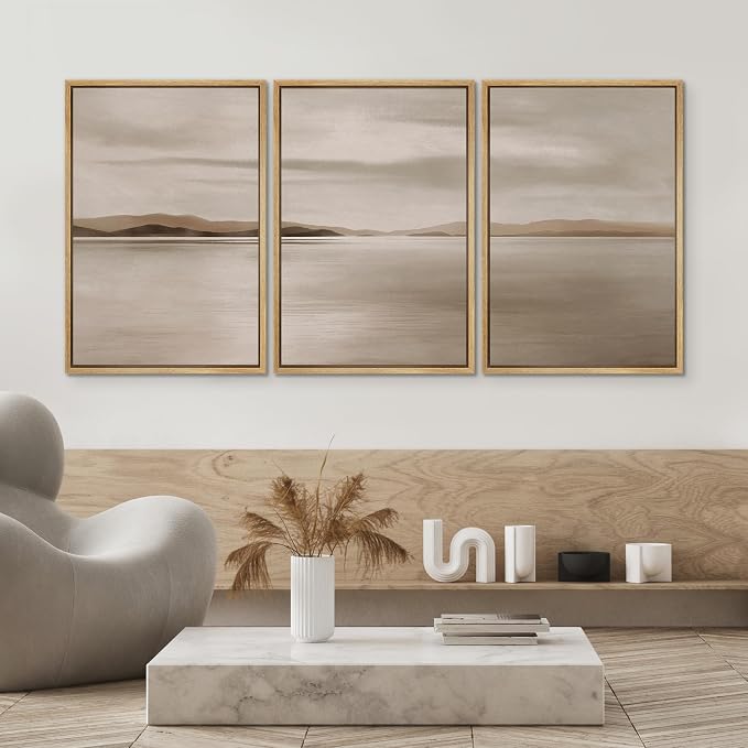 SIGNWIN Framed Canvas Print Wall Art Set Minimalist Beige Lake Horizon Landscape Illustrations Modern Art Decorative Chic Calm/Zen for Living Room, Bedroom, Office - 24"x36"x3 NATURAL