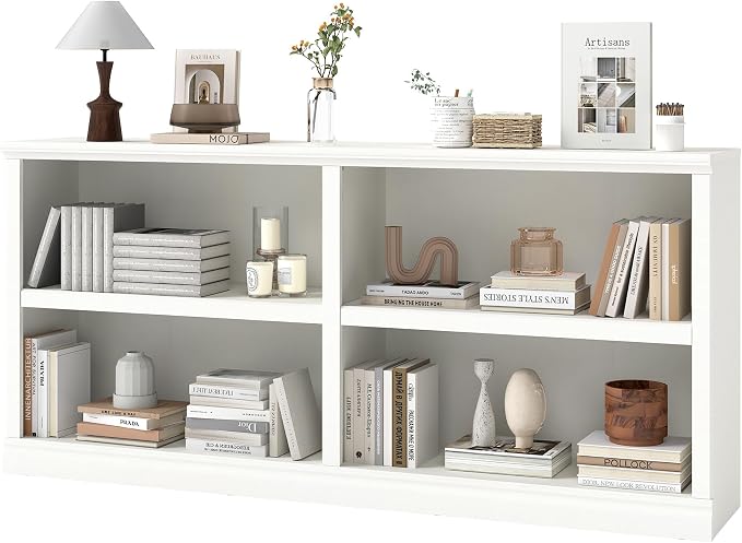Bevfint Double Wide Open Shelf Bookcase - 2 Tiers 4 Storage Cube Adjustable Space Book Case, Display Cabinet Organizer with Bookshelf, 64.8 inch Width Indoor Furniture for Home Library Office, White