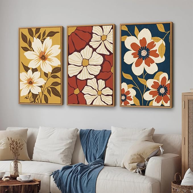 Rantodecor Large Vintage Floral Framed Canvas Wall Art Set, Mid Century Modern Wall Decor, Minimalist Retro Flowers Art Paintings, Beige Neutral Botanical for Bedroom Living Room Office 16"x24"x3