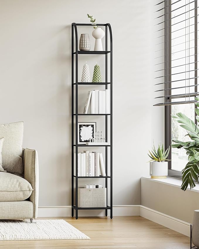 Hzuaneri Bookshelf Narrow Bookcase, Tall Storage Rack with Steel Frame, Display Standing Shelf Unit, Skinny Book Shelf for Study Living Room Home Office, Industrial Style, 6-Tier Black BC56004B